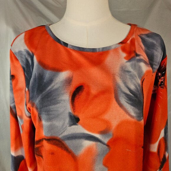 Daniel Benjamin XL – Bold Floral Top w/ Sparkle Accents – Red & Gray 3/4 Sleeve - Picture 4 of 6